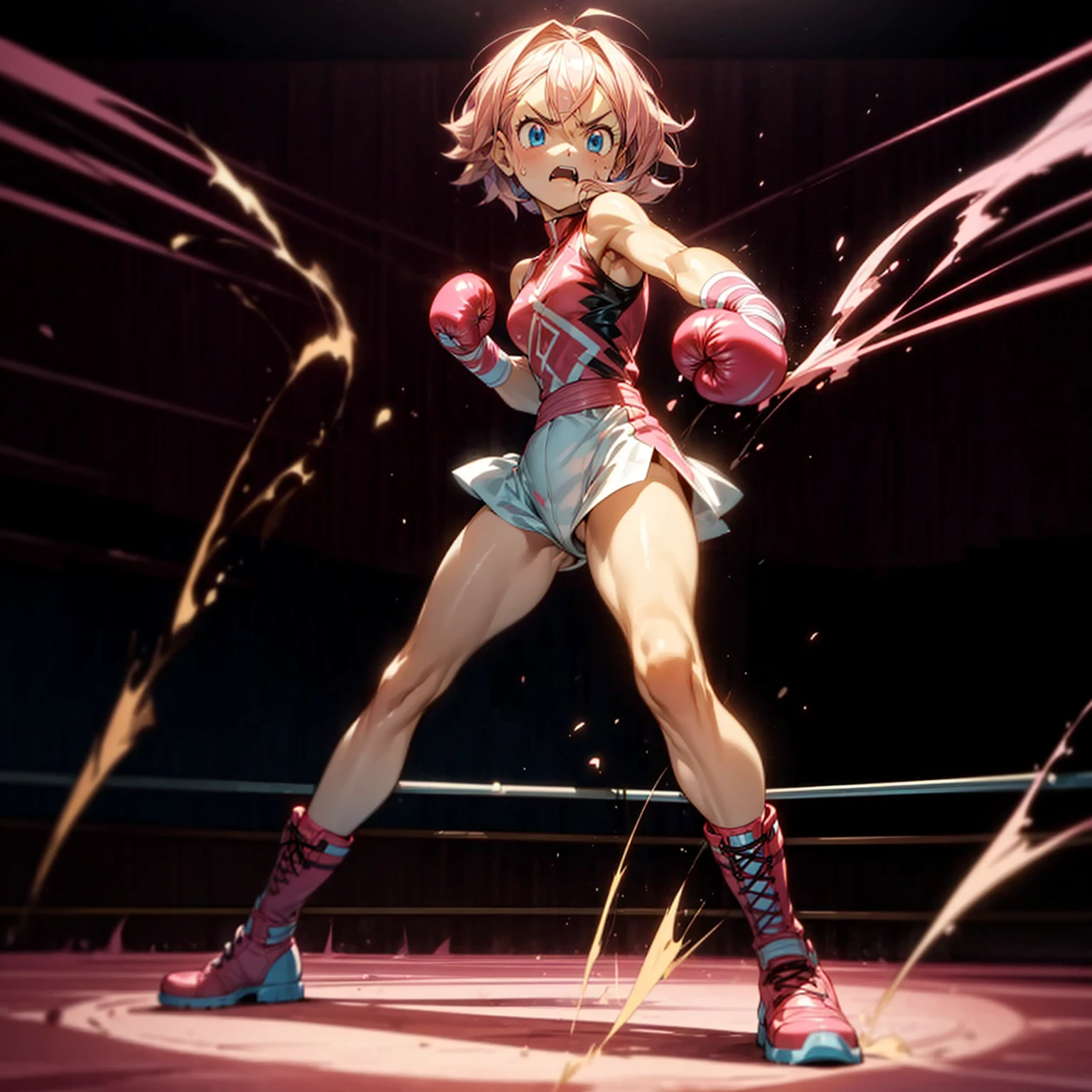 1girl, big muscle, Full body version, 1character, blue eyes, short haircut, pink color hair, boxing style outfit, Boots, Grassroots, full background in ring boxing, motion blur, light, (Hunter x Hunter style art), standing gesture, Boxing gloves, smoke effect, fire effect, angry, angry eyes, fire on background, high angle view 