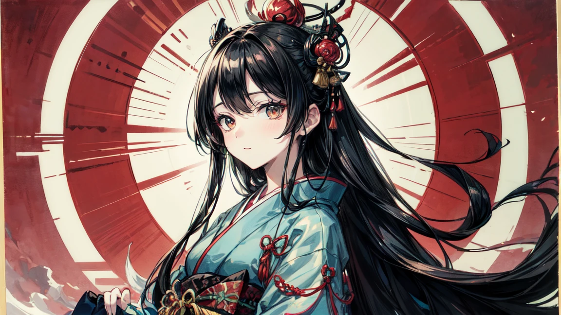 A mysterious and serene Japanese-style art piece featuring a woman with long black hair and red eyes, red eyeshadow, dressed in traditional Japanese clothing. She has traditional hair ornaments in her hair. The background includes ukiyo-e style blue waves, a red sun, and white clouds. The overall color scheme is vibrant with a contrast between dark and bright tones, showcasing intricate details that reflect traditional Japanese aesthetics.