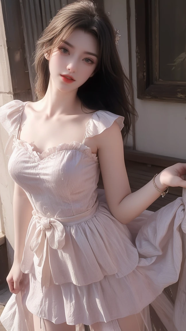 1girl, cheerful girl, carefree and happy, smiling, laughing, The girl is wearing a beautiful dress, the girl's eyes are bright and sparkling, very beautiful, cute and sweet 