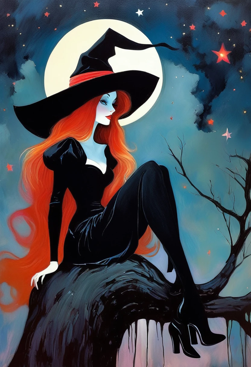 ((🧙‍♀️)), (black hat), {witch sitting on a high tree branch}, very long red hair, sexy, , ((from below)), magic, fantastic, night sky, moon , stars, background, Alice in Wonderland, alone, very beautiful, cute, adorable, embarrassed, alone, Glowify (simple oil painting in the style of Bill Sienkiewicz)