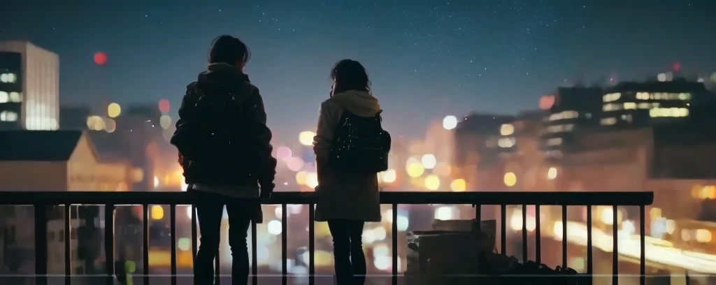 Two people standing on a bridge looking at the city, Screenshots from YouTube videos, Movie screenshots, Highlights from the movie, Movie stills, Nighttime footage, Bokeh Top Cinema Lighting, Movie screenshots, Movie screenshots, Balcony scene, Movie stills, Movie stills, Movie stills, A scene from a movie