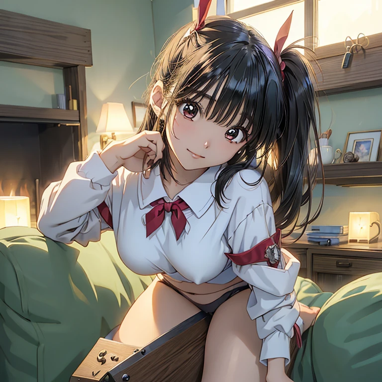 masterpiece, Highest quality, High resolution, ponytail、Anime art style, Game CG, Backtrack Rich, Rich 1, 1 girl, alone, Long Hair, bangs, Black Hair, Red eyes, bow, ribbon,Small underwear, Hair between the eyes, jewelry, hair bow, hair band, Trojan horse, rubbing the crotch、Panties half way down,((Highest quality)), ((masterpiece)), (detailed), Perfect Face, (()),(Reverse vulva)、(Vaginal Ectropion)、Pussy in full view、