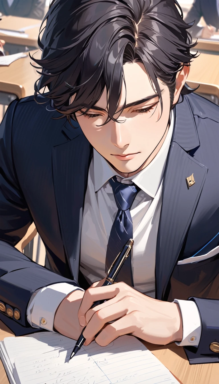 Verism, super detail, best quality, A handsome man with short black hair is attending a lecture in a university classroom. He is right-handed and writing notes with a pen.