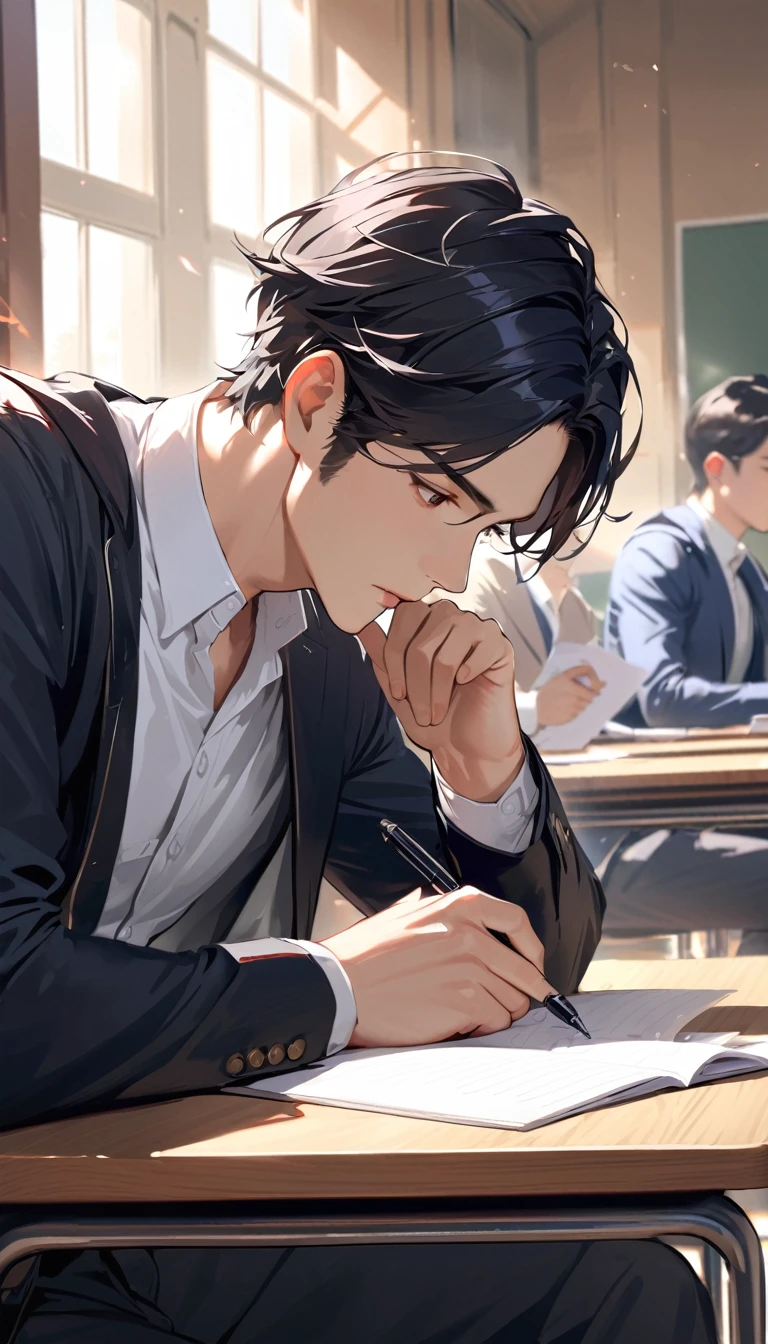 Verism, super detail, best quality, A handsome man with short black hair is attending a lecture in a university classroom. He is right-handed and writing notes with a pen.