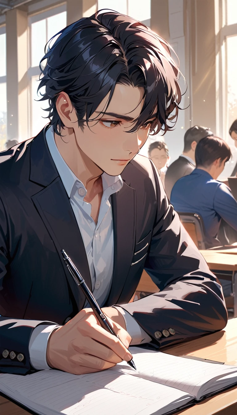 Verism, super detail, best quality, A handsome man with short black hair is attending a lecture in a university classroom. He is right-handed and writing notes with a pen.