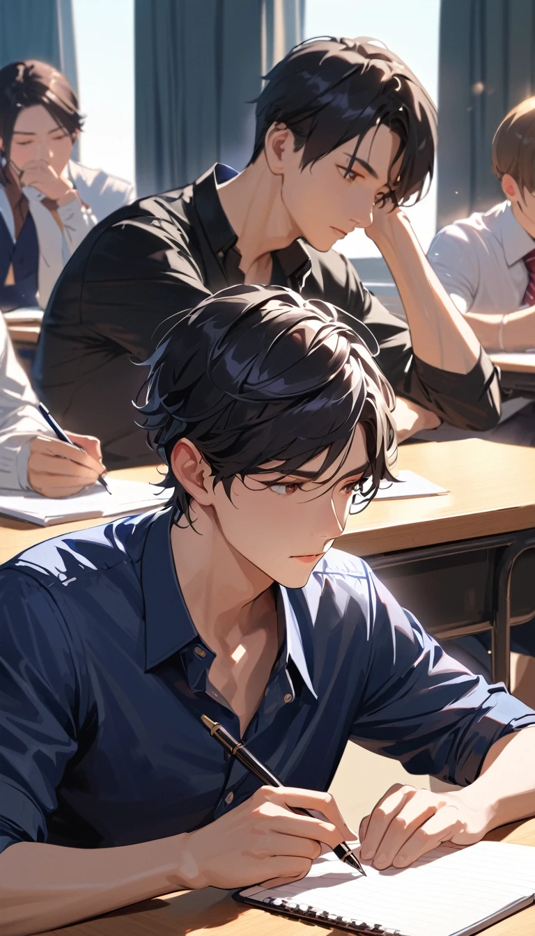 Verism, super detail, best quality, A handsome man with short black hair is attending a lecture in a university classroom. He is right-handed and writing notes with a pen.