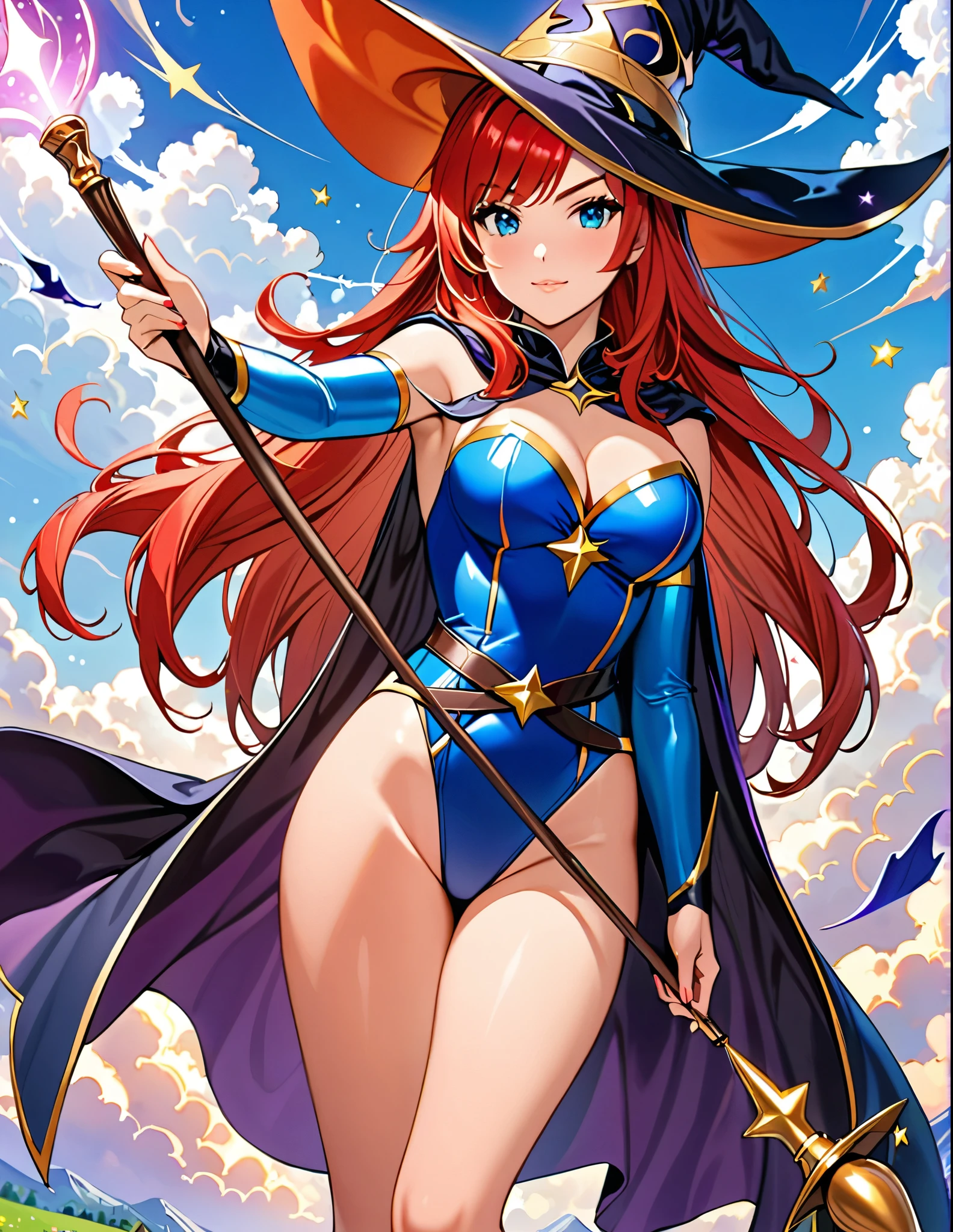 1girl, high school student, superhero, holding wand, superhero sorceress witch, sky witch, leotard, blue leotard with white accents, bare legs, blue thigh-highs, red high heels, witch hat, red hair, long hair, blue eyes, beautiful detailed eyes, beautiful detailed face, cute face, medium breasts, age 16-18, solo, solo focus, wonder