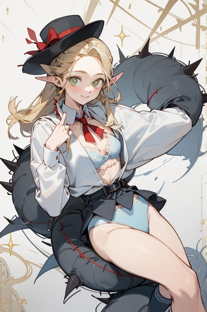 A bikini、girl in a hat,(masterpiece, best quality) detailed,silver accessories , Blonde ,elegant, Pointed ears ,White shirt,Double tail,Waist-length hair,Smile,Star decoration,White lace socks,thorns,Rose,Vest line