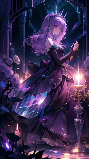 Princess, dark purple dress with rainbow crystals, magical, purple lamp, haunting, mysterious, psychedelic, bioluminescent path, candles, briar, roses, thorns, pastel scatter light, cathedral