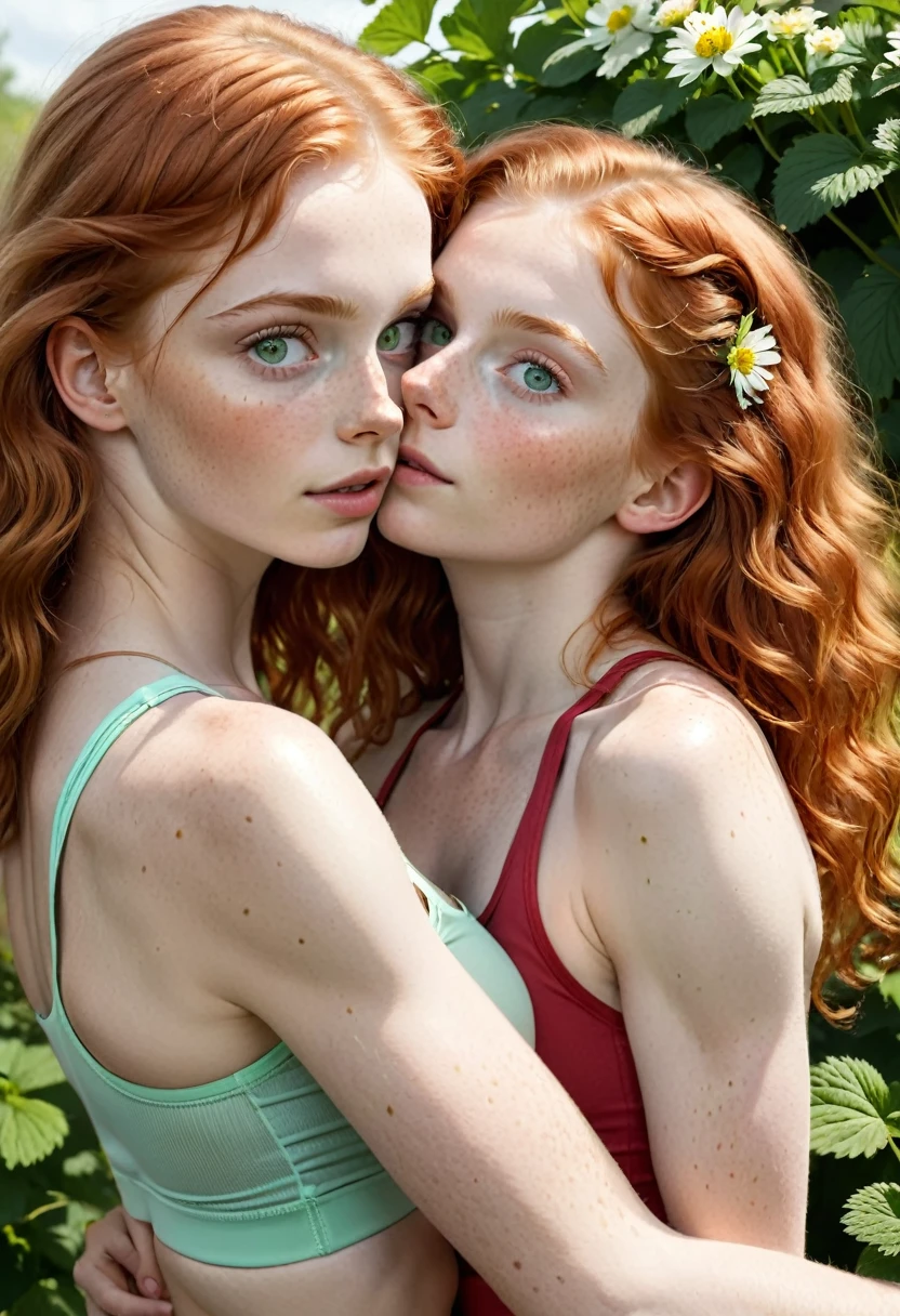 2girls, age 18, Solo, Aesthetic artwork, irish and ukrainian, beautiful high detailed face, thin face, wavy strawberry blonde hair and dark hair and ginger hair, shoulder length hair, gray eyes, light grey eyes and light green eyes, some small freckles, pale skin, runners body, hugging, kissing, in love, (textured skin, skin pores:1.1), goosebumps, wearing a very short tighttank top, midrif, wearing a thight very short gym hot pants, exposed breasts, exposed thigs, sexy pose, garden with flowers