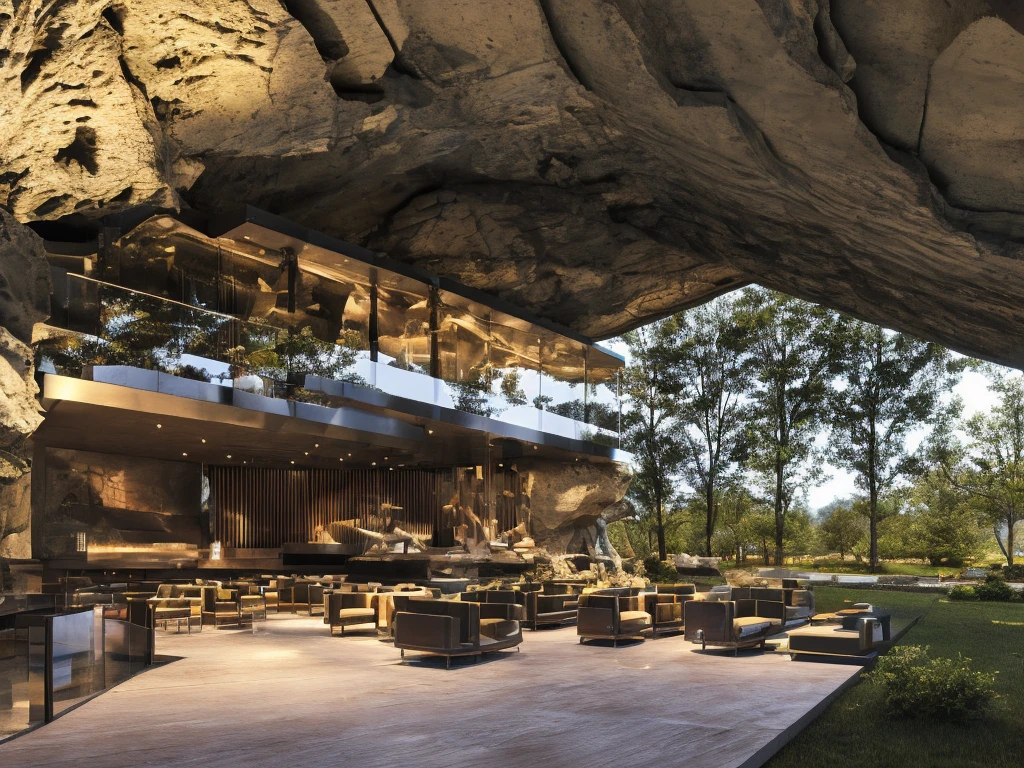 
cafe restaurant, a music stage in a cave, big stage, tone white, spotlights, natural lighting, musical equipment, guitars, pianos, drum sets, trumpets, realistic, surreal,
Wide space, trees around, glass windown big, Realistic,Photorealism