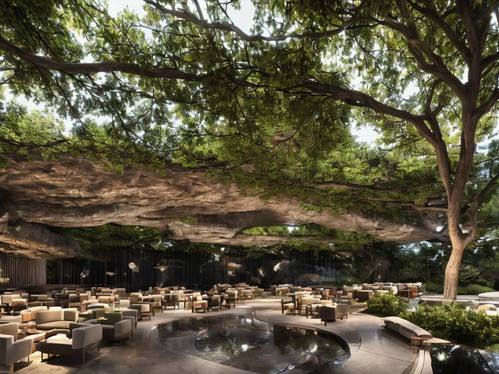 cafe restaurant, a music stage in a cave, big stage, tone white, spotlights, natural lighting, musical equipment, guitars, pianos, drum sets, trumpets, realistic, surreal,
Wide space, trees around, glass windown big, Realistic,Photorealism