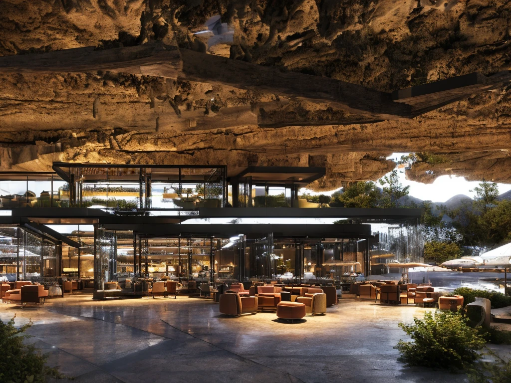 cafe restaurant, a music stage in a cave, big stage, tone white, spotlights, natural lighting, musical equipment, guitars, pianos, drum sets, trumpets, realistic, surreal,
Wide space, trees around, glass windown big, Realistic,Photorealism