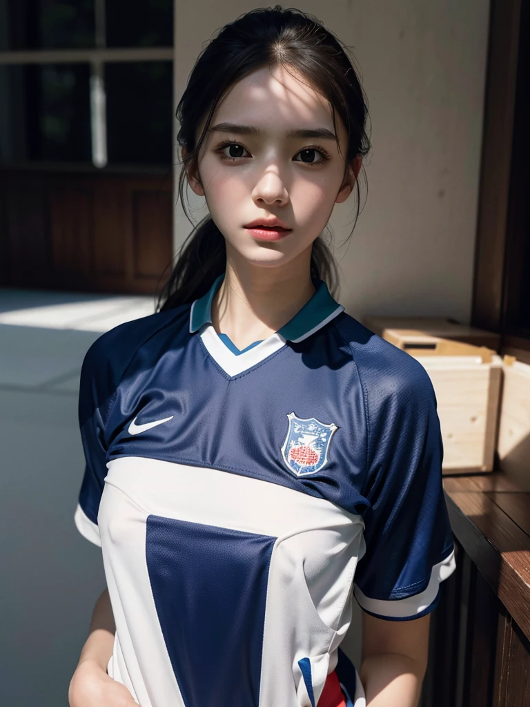 absurdres, RAW photo, extremely delicate and beautiful, masterpiece, Best Quality, ultra high resolution, 32k, hyperrealistic, ultra-detailed, perfect anatomy, anatomically correct, very small head, very small face, delicate facial features, very huge round tits, (full body shot:1.2), (soccer uniform Jersey:1.2),