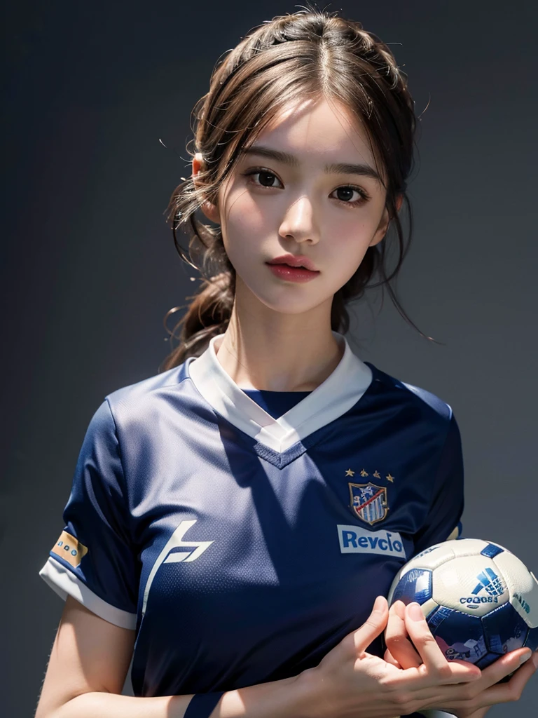 absurdres, RAW photo, extremely delicate and beautiful, masterpiece, Best Quality, ultra high resolution, 32k, hyperrealistic, ultra-detailed, perfect anatomy, anatomically correct, very small head, very small face, delicate facial features, very huge round tits, (full body shot:1.2), (soccer uniform Jersey:1.2),