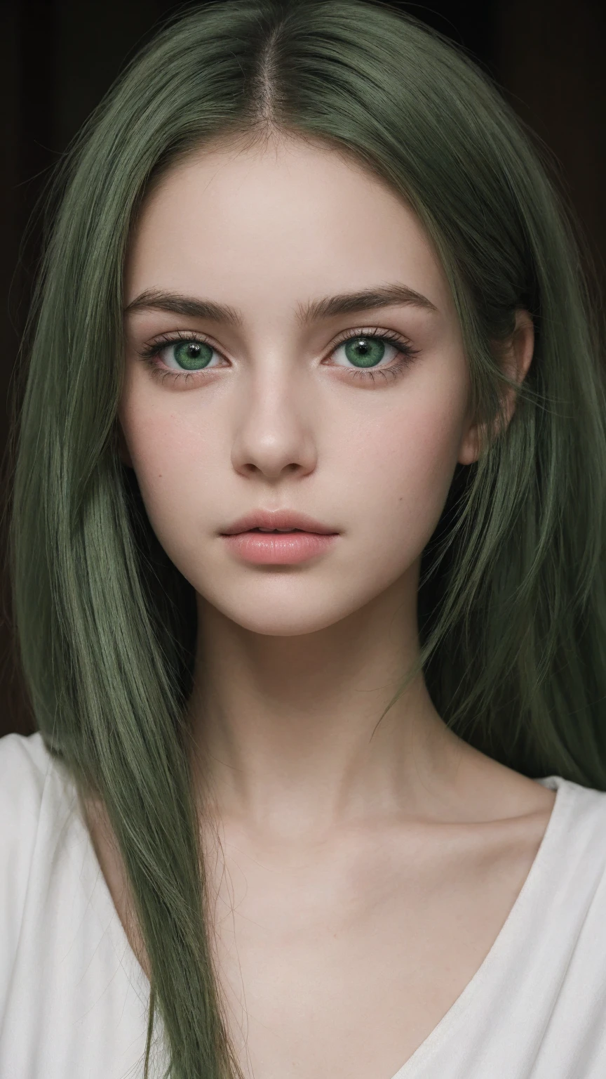 a girl. Europe. detailed face. delicate facial features. pointed chin. Oval face. shy eyes. feeling sad. green hair. green eyes. long straight hairstyle. messy hair. thin lips