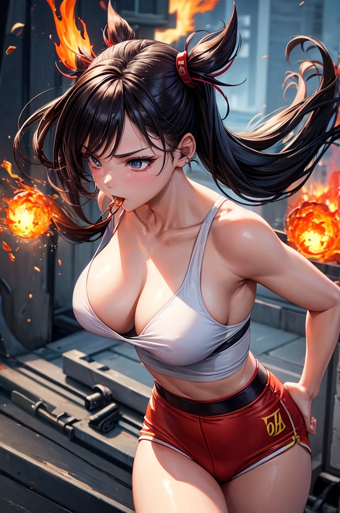 (masterpiece, best quality, ultra detailed), 1girl, kunoichi, Spit fire through the mouth、fireball