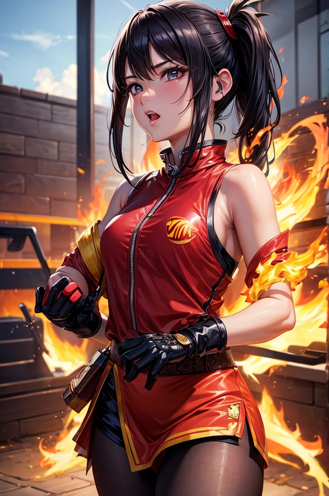 (masterpiece, best quality, ultra detailed), 1girl, kunoichi, Spit fire through the mouth、fireball