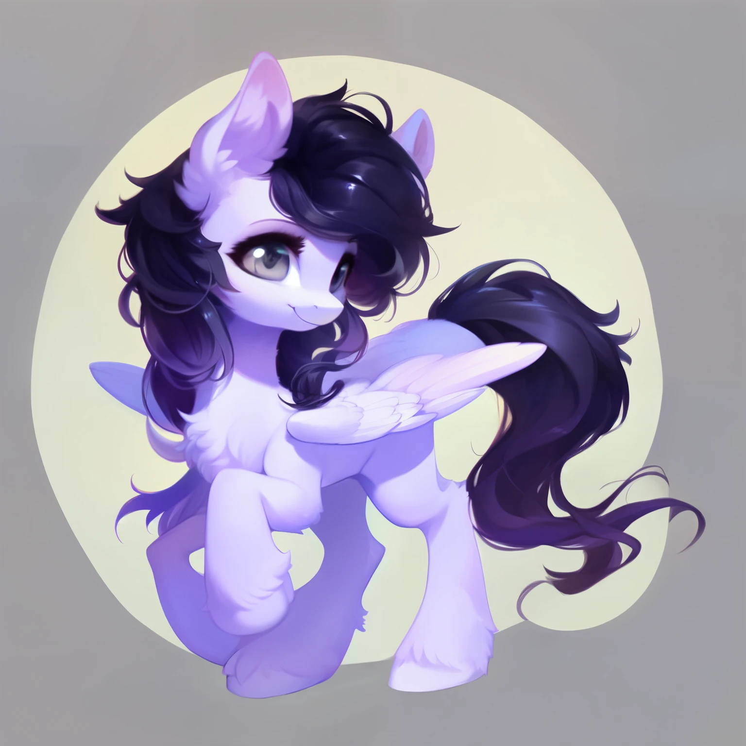 rating_safe, score_9, fluffy, feral pegasus pony, female, Light purple body, black-purple mane, disheveled hair, soft and delicate long hair, clear and proud with a hint of tenderness in grey eyes, grey eyes, smiling. dynamic。young and beautiful