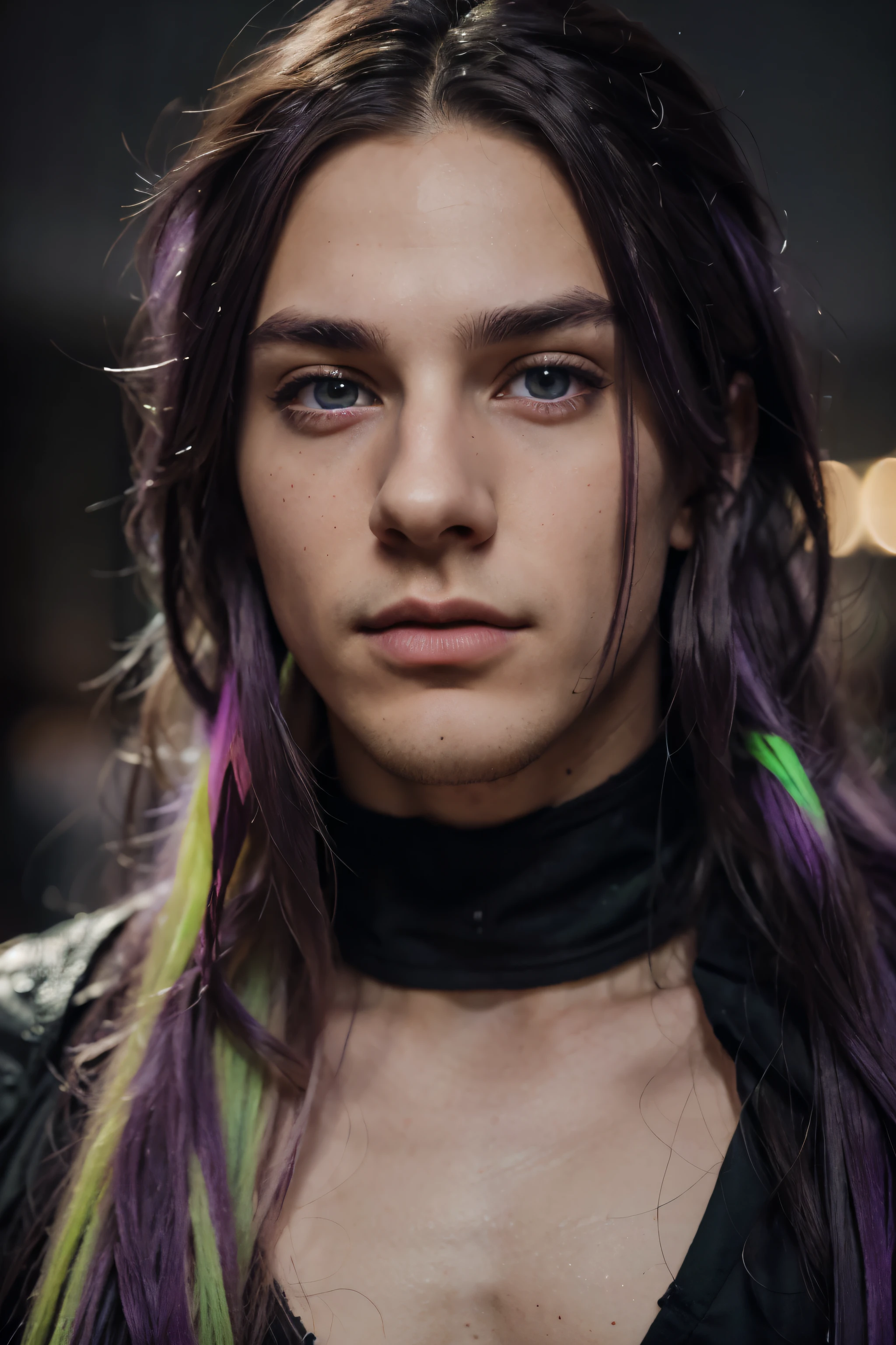 a detailed portrait of a young man with long purple hair with one neon green streak, dark grey eyes, beautiful detailed eyes, beautiful detailed lips, extremely detailed face, soft expression, cinematic composition, vibrant colors, dramatic contrast, photorealistic, 8k
