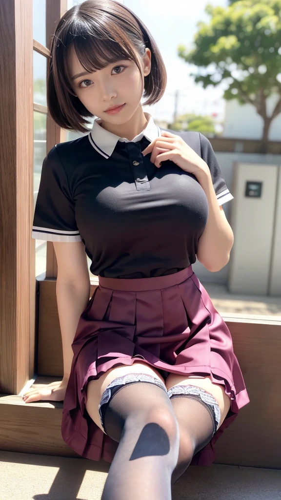 masterpiece, Highest quality, figure, Very detailed, Fine details, High resolution, 8k,wallpaper, Perfect dynamic composition,(Detailed high quality, Realistic depiction of eyes:1.3), (Two Girls), Are standing, short hair, (Wavy Hair:1.2), (Short sleeve collared dress shirt,Tight Skirt,Knee socks,zettai ryouiki:1.4), Black hair color, Big Natural Color Lip, Bold sexy pose, Crying a little, Harajuku Style、Acrobatic pose, 20-year-old girl、Cute type、Lolita、Beautiful feet, Idol Sculpture, Japanese Idols, Huge breasts