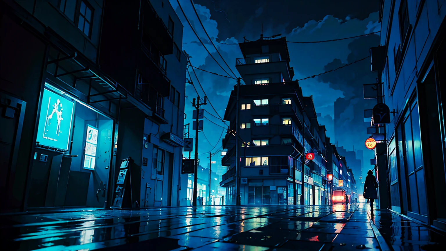 Morning，An apartment downstairs，In heavy rain，There were no people on the streets，Only torrential rain poured down，the night，concept art inspired by Makoto Shinkai，best qualtiy，beautiful anime scenes，anime scene，Movie anime scenes，the night，Fantasy anime，atmospheric anime，Detail Enhancement。