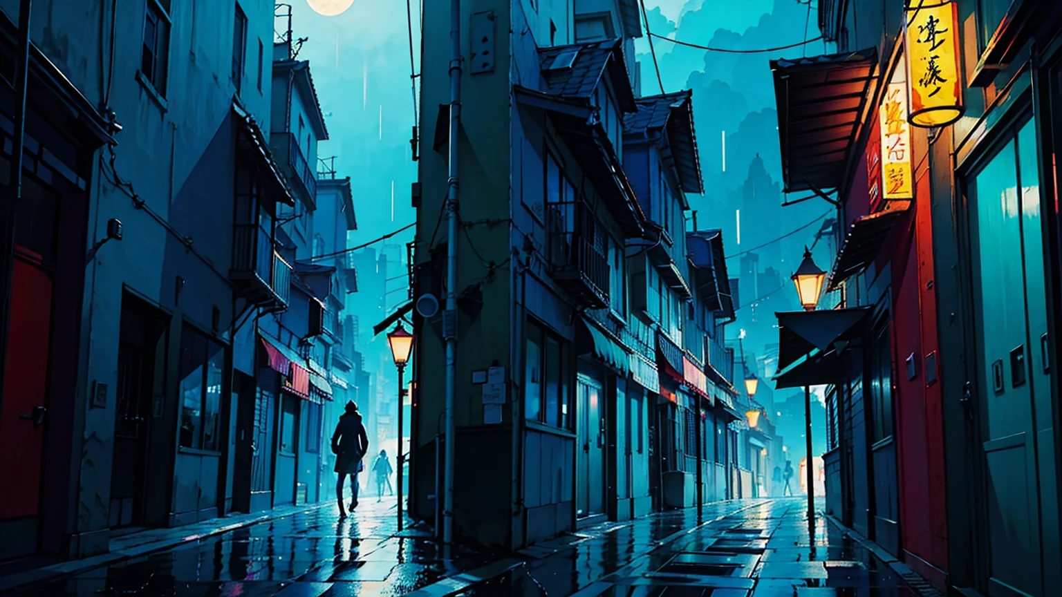 Morning，An apartment downstairs，In heavy rain，There were no people on the streets，Only torrential rain poured down，the night，concept art inspired by Makoto Shinkai，best qualtiy，beautiful anime scenes，anime scene，Movie anime scenes，the night，Fantasy anime，atmospheric anime，Detail Enhancement。