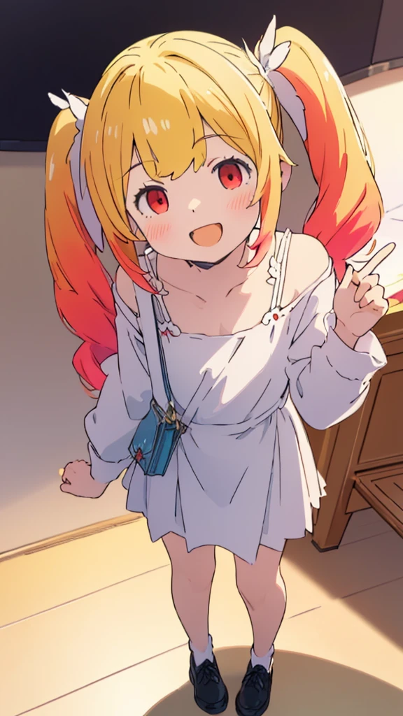((masterpiece))((Highest quality))girl、Laughing with your mouth open、blush、Flat Chest、Are thin、Blonde Hair、blush、Are standing、Whole body image、No background、Hair is two colors、Twin tails、Red Eyes、Two-tone red and yellow hair、Angle from the side