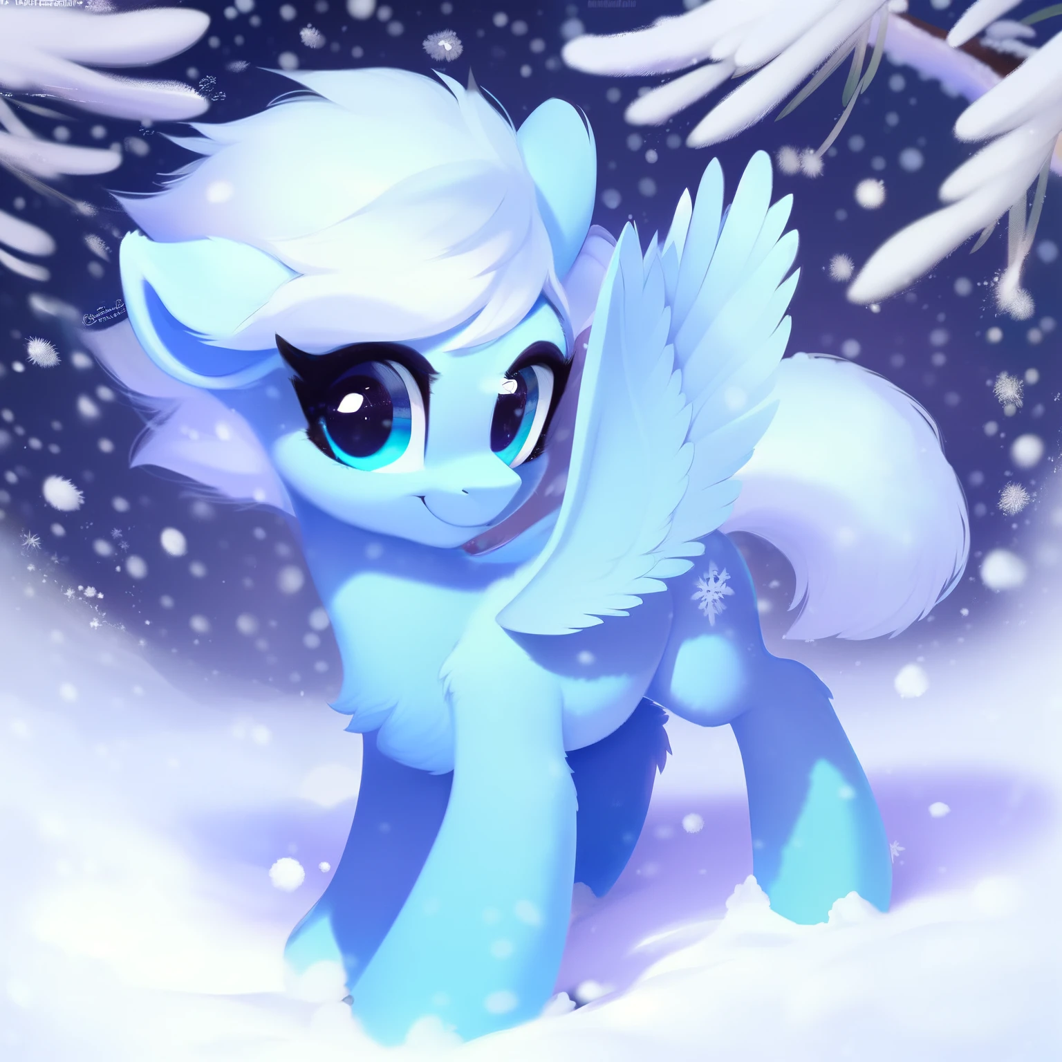 rating_safe, score_9, fluffy, feral pegasus pony,Bad,round cute face,very (((light blue body))), (((snow-white short mane))) Smooth and fine semi-long bristles,Gentle and clear light blue eyes,Gentle smile。