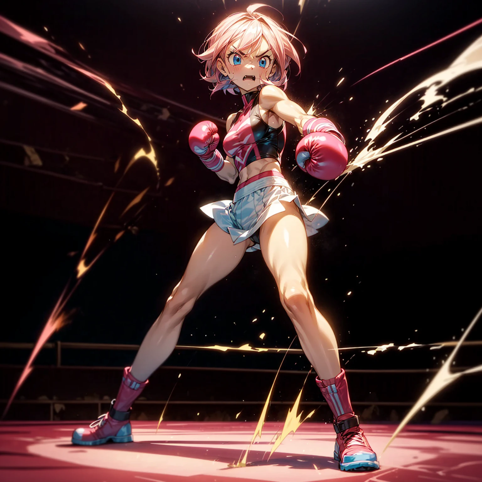 1girl, big muscle, Full body version, 1character, blue eyes, short haircut, pink color hair, boxing style outfit, Boots, Grassroots, full background in ring boxing, motion blur, light, (Hunter x Hunter style art), standing gesture, Boxing gloves, smoke effect, fire effect, angry, angry eyes, fire on background, high angle view 