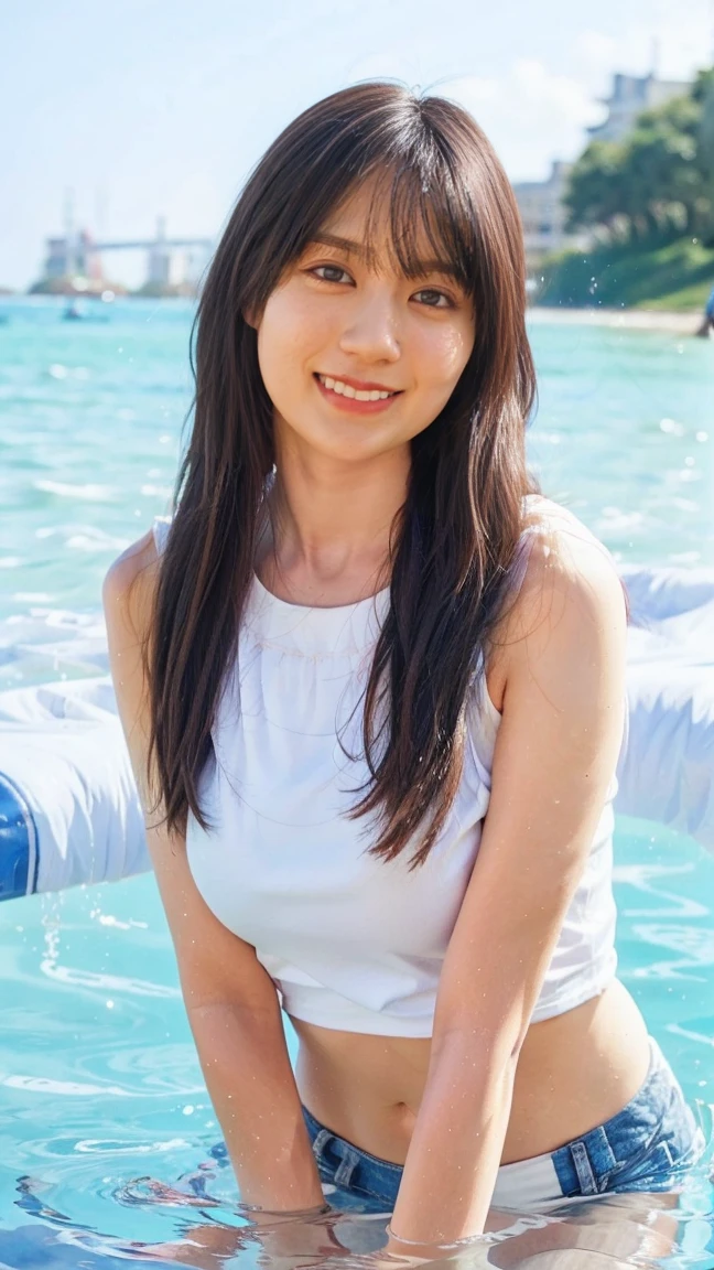 (masterpiece), (Highest quality), (Very detailed),(Disheveled Hair),(shape), (One Girl), (Summer clothes), Are standing, Fashion Model, View your audience, (interview), (Beach),Beautiful details, Delicate and beautiful face, floating,(High saturation),(Colorful splashes),Colorful bubbles,(The Shining), Focus on the face,  Hair Ring, Floating Flowers, Floating Hair, (The Shining), Best lighting, Best Shadow,