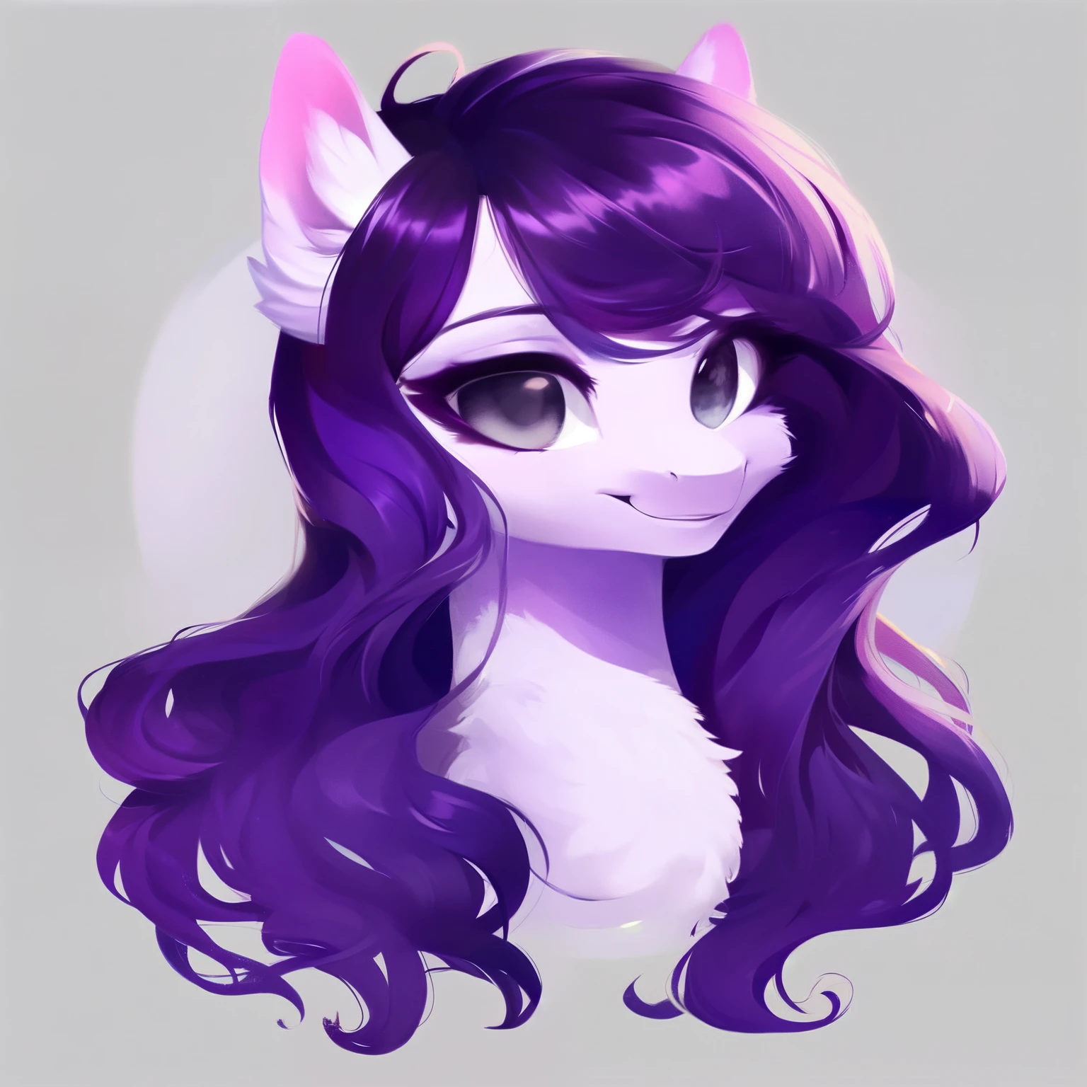 rating_safe, score_9, fluffy, feral pegasus pony, female,Purple body,Black purple mane,Wearing hair,Soft and fine long hair,清澈高傲带有几分温柔的Gray Eyes,Gray Eyes,Smile。bust,Elegant and noble。young,Delicate
