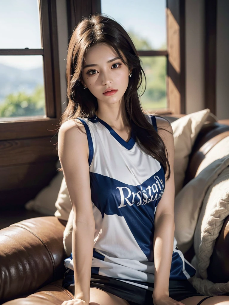 (absurdres, RAW photo, extremely delicate and beautiful, masterpiece, Best Quality, ultra high resolution, 32k, hyperrealistic, ultra-detailed, perfect anatomy, anatomically correct:1.2), perfect figure, Perfect Style, Perfect balance, super Detailed skin, in her 30s, very Slim body, narrow waist, very small head, very small face, delicate facial features, handsome detailed woman, very detailed eyes and face, realistic face proportions, Realistic beautiful face, Realistic beautiful eyes, tearful mole, earring, very huge round tits, (full body shot:1.2), (whole legs:1.2), medium hair, dark blonde hair, asymmetrical hair, indoor, (soccer Jersey:1.2), (sleeveless:1.2),