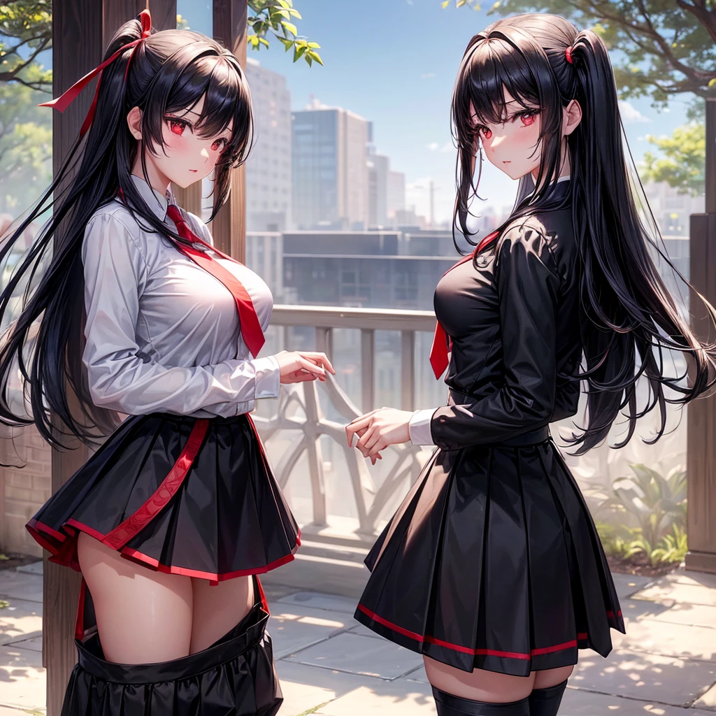 (work of art:1.3), (8k、best qualityer:1.4), (The highest image quality, details Intricate, Cao Cao resolution, field of depth, naturallight, professional lighting), (maximum quality, Cao Caot resolution), (1 girl:1.3), (standing alone:1.3), (symmetrical perfect face), (Beautiful 15 year old black haired goth girl, Very beautiful and attractive woman, Beautiful black hair、Intense red eyes, strong eye Cao Caolights), Lip gloss, (cute:1.2), (natural breasts), (Natural buttocks), (beautiful and healthy body:1.3), (Cao Cao detail skin: 1.2), (Perfect Anatomia), ssmile, ((red ribbon tie, Cao Cao , black long sleeve jacket、white  shirt、Wide black skirt))、((正面ややfrom low見上げるカメラアングル))、(Skirt Lift)、(take the skirt、precise hands、five toes)、((The wind turns my skirt and reveals my pants.))、((Skirt Lift、detailed panties、beautiful tCao Caos))、cute下着、((detailed panties))、from low、((From the front))、Foot angle、Angle from low、soft backlight、smooth light、柔らかなnaturallight、Spring daytime cityscape、