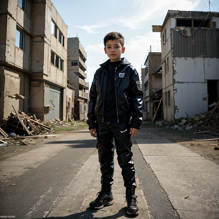 ten years old boy , wearing futuristic outfit standing in the middle of ruin city post apocaliptic earth