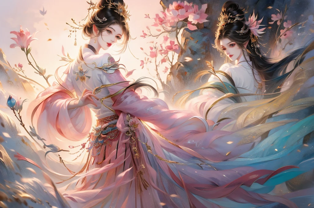 Extreme Long shot, Unparalleled beauty,masterpiece,a woman,Wearing pink and golden clothes,Shadowbringer,4K detail fantasy,beautiful fantasy queen,Game CG,xianxia fantasy,xianxia hero,2。5D CGI anime fantasy artwork,Close-up of the goddess,Ruan Jia and artgerm,World of Warcraft 4K detail fantasy,Super detailed fantasy characters