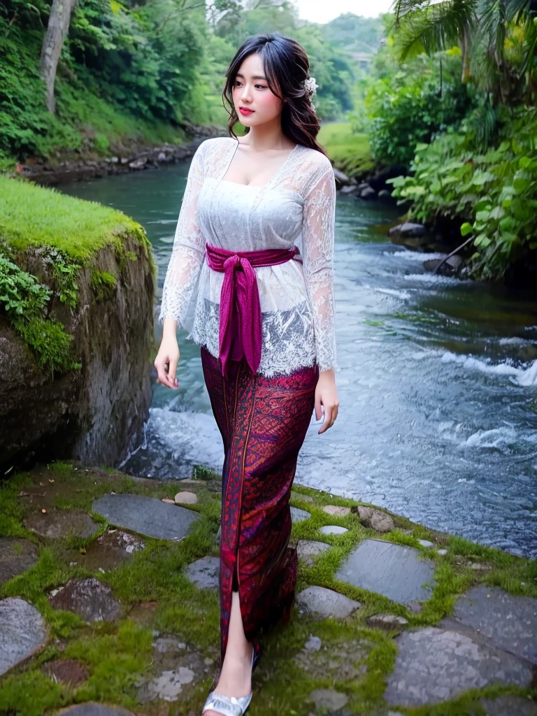 Illustrate a beautiful girl with long hair wearing a traditional Indonesian kebaya near a stunning river in a serene and refreshing environment. Ensure this masterpiece captures the breathtaking beauty of the surroundings with exquisite detail.