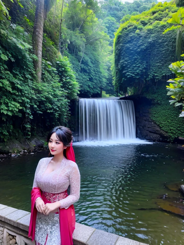 Illustrate a beautiful girl with long hair wearing a traditional Indonesian kebaya near a stunning river in a serene and refreshing environment. Ensure this masterpiece captures the breathtaking beauty of the surroundings with exquisite detail.