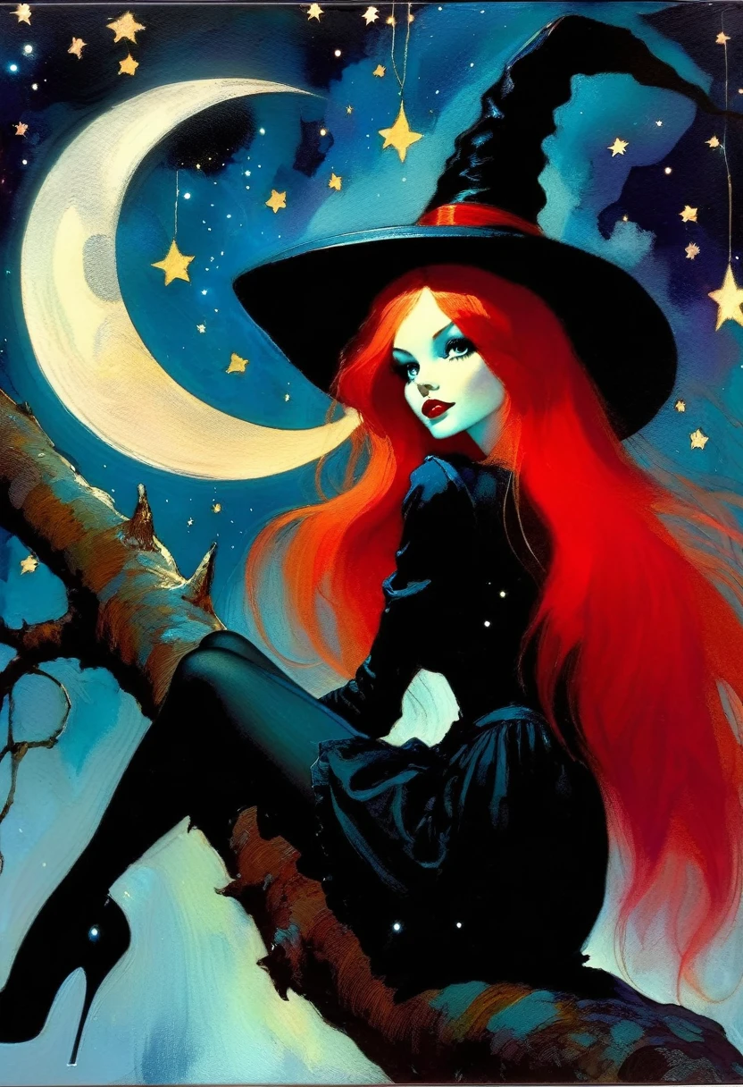 ((🧙♀️)), (black hat), {witch sitting on a high tree branch}, very long red hair, sexy, , ((from below)), magic, fantastic, night sky, moon , stars, background, Alice in Wonderland, alone, very beautiful, cute, adorable, embarrassed, alone, Glowify (simple oil painting in the style of Bill Sienkiewicz)