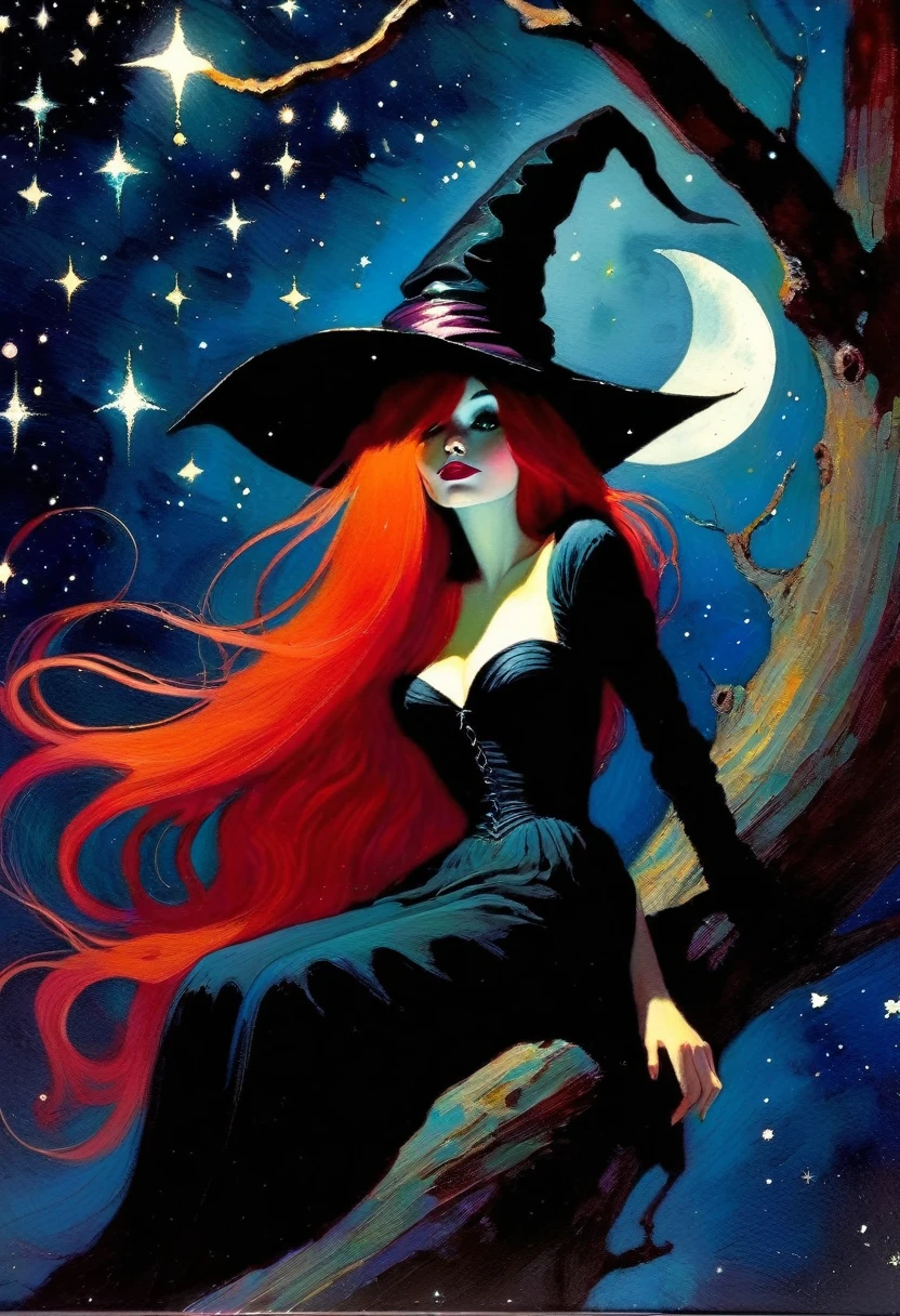 ((🧙♀️)), (black hat), {witch sitting on a high tree branch}, very long red hair, sexy, , ((from below)), magic, fantastic, night sky, moon , stars, background, Alice in Wonderland, alone, very beautiful, cute, adorable, embarrassed, alone, Glowify (simple oil painting in the style of Bill Sienkiewicz)