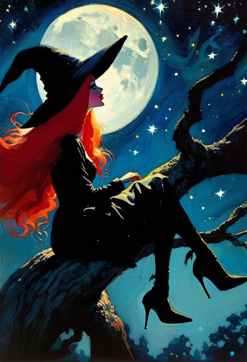 ((🧙♀️)), (black hat), {witch sitting on a high tree branch}, very long red hair, y, , ((from below)), magic, fantastic, night sky, moon , stars, background, Alice in Wonderland, alone, very beautiful, cute, adorable, embarrassed, alone, Glowify (simple oil painting in the style of Bill Sienkiewicz)