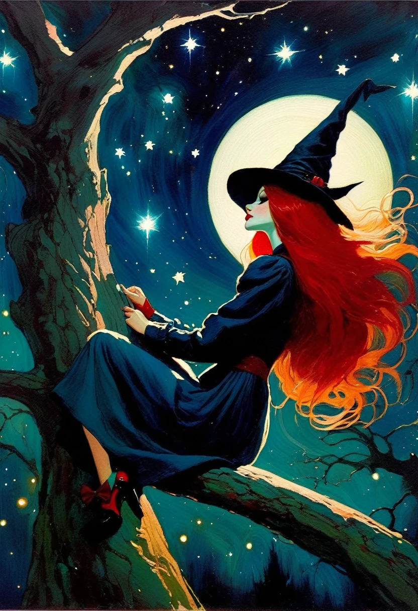 ((🧙♀️)), (black hat), {witch sitting on a high tree branch}, very long red hair, sexy, , ((from below)), magic, fantastic, night sky, moon , stars, background, Alice in Wonderland, alone, very beautiful, cute, adorable, embarrassed, alone, Glowify (simple oil painting in the style of Bill Sienkiewicz)