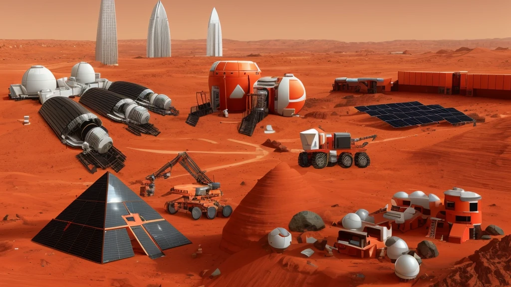 Mars base construction,On the red Martian soil,There are high-rise buildings and ultra-modern houses,There are neatly arranged solar panels harnessing solar energy,There are huge 3D printers printing bricks in the form of red Lego bricks,There are transporters transporting bricks,Realistic,Don't use bells and whistles,The exterior of the house is close to the color of the soil,The proportion of changes in the original picture is small,4K