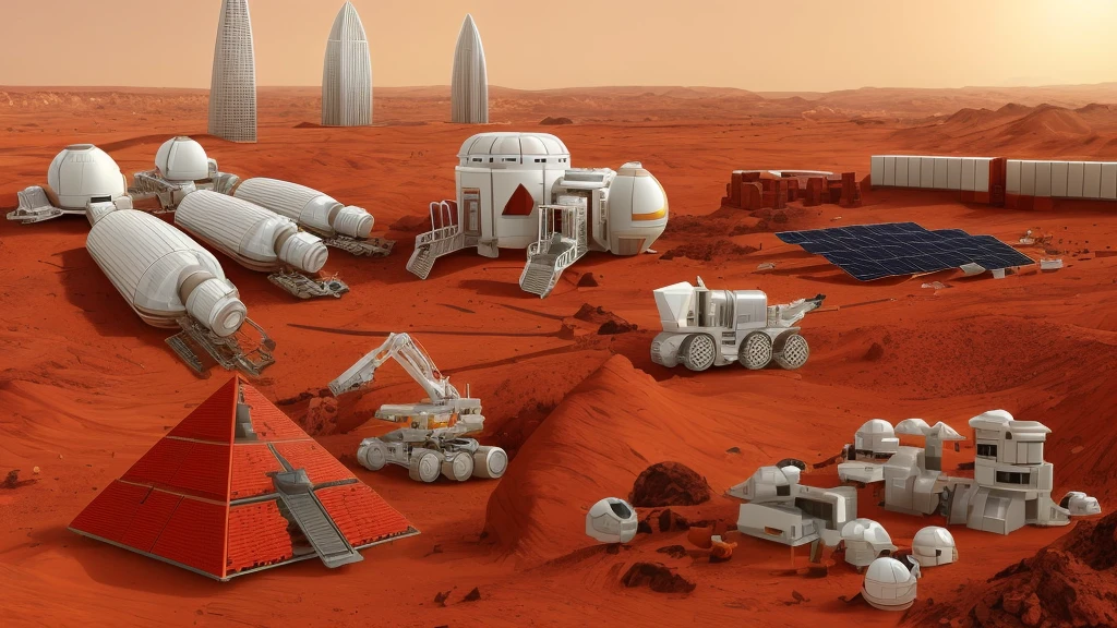 Mars base construction,On the red Martian soil,There are high-rise buildings and ultra-modern houses,There are neatly arranged solar panels harnessing solar energy,There are huge 3D printers printing bricks in the form of red Lego bricks,There are transporters transporting bricks,Realistic,Don't use bells and whistles,The exterior of the house is close to the color of the soil,The proportion of changes in the original picture is small,4K