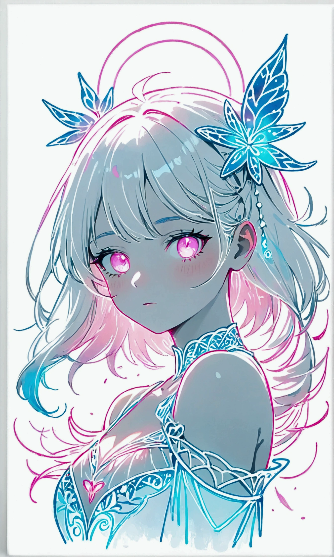 Light blue, pink and white watercolor,Rough fashion girl,(((Line art in glowing white neon))),Pale color background,Sparkling,flash,pastel colour,ネオンflash,Zentangle Elements,Absurd