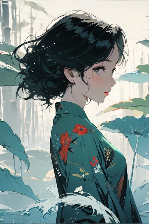 (masterpiece, best quality:1.3), (flat color:1.3),(colorful:1.3),looking at viewer,1woman,shorthair,solo,Facing forward, forest,floating colorful Wind,(2D:1.3)