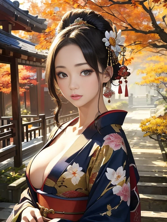 (Highest quality、 8k 、masterpiece、High resolution)、 Japanese painting、Vibrant colors、A woman wearing a kimono、Ample breasts、Hands on chest、(Highly detailed face and eyes,Beautiful Face,Beautiful Eyes,Beautiful nose,Pretty lips)、Dynamic painting technique、Japanese garden、Autumn scenery、autumn leaves、Starry Sky、Detailed Description、