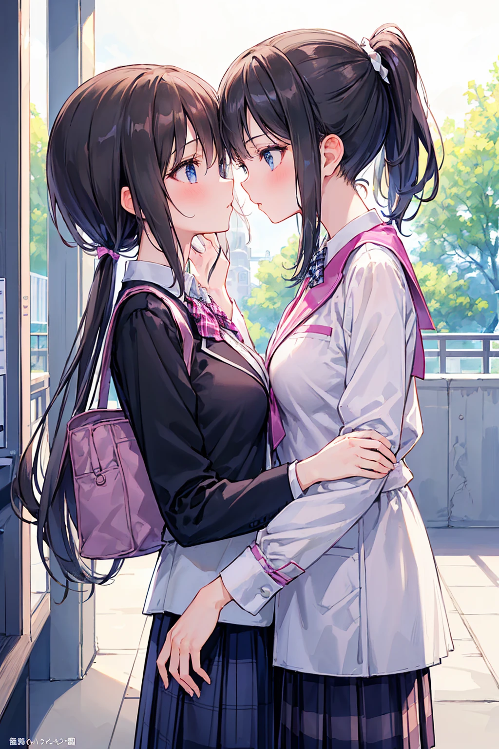 ((Highest quality)), ((masterpiece)), (detailed), Perfect Face, Beautiful Face, Highest quality, ultra expensive resnatural light, Glowing Skin, detailed skin, detailed face, detailed eyes, (2 girls), ((Two girls staring at each other)), French kiss，A girl with black straight hair and a girl with a pink ponytail, Japanese expensive school girl, expensive , Blazer and checkered skirt，Small breasts，((Highest quality)), (非常にdetailedな), (High-definition CG synthesis 8K wallpaper), expensively detailed,  expensive-definition raw colbor photos, Professional photography,  Written boundary depth,French kiss，Kiss between girls