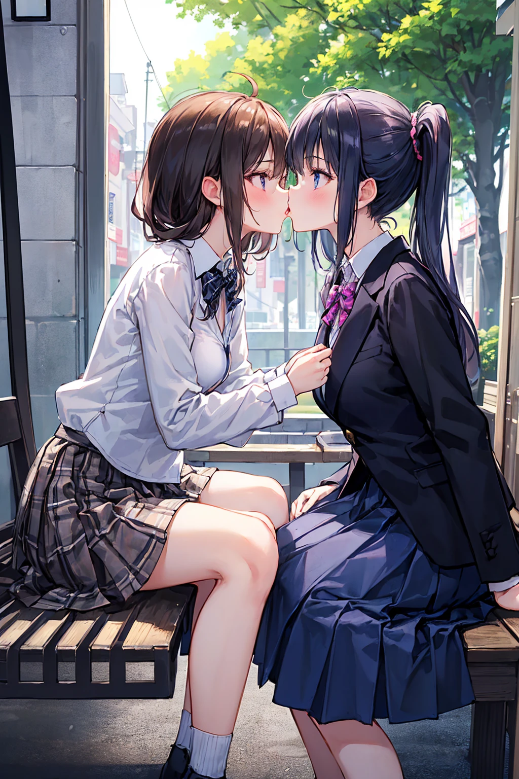 ((Highest quality)), ((masterpiece)), (detailed), Perfect Face, Beautiful Face, Highest quality, ultra expensive resnatural light, Glowing Skin, detailed skin, detailed face, detailed eyes, (2 girls), ((Two girls staring at each other)), French kiss,A girl with black straight hair and a girl with a pink ponytail, Japanese expensive school girl, expensive , Blazer and checkered skirt,Small breasts,((Highest quality)), (非常にdetailedな), (High-definition CG synthesis 8K wallpaper), expensively detailed, expensive-definition raw colbor photos, Professional photography, Written boundary depth,French kiss,Kiss between girls