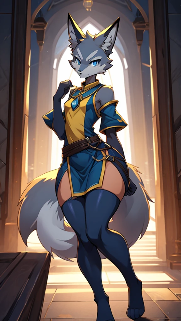 Shortstack Male femenine fox with Wide hips, Big thighs, Gray fur, large butt, Slim shoulders, Slim waist, Gorgeous Navy blue eyes, wearing a Yellow tunic with a powerful aura giving a menacing stare